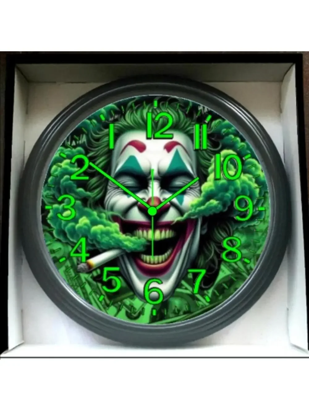 REVERSE TICKING CLOCK JOKER GOOD LEAF Glow In The Dark Wall Clock New!